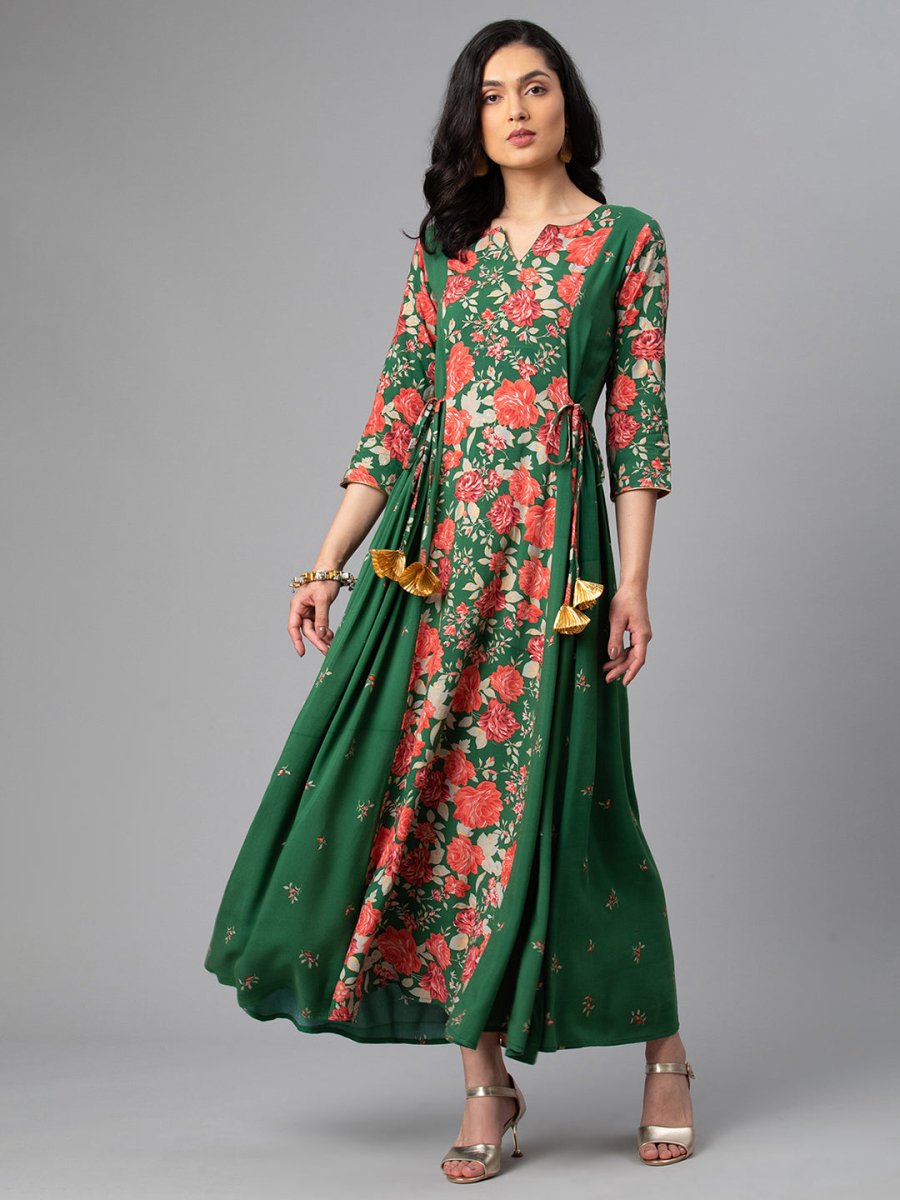 Ahalyaa Viscose Rayon Green Floral Printed Kurta | Swadesiicart