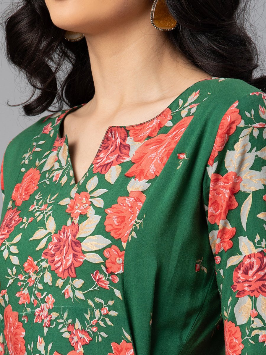 Ahalyaa Viscose Rayon Green Floral Printed Kurta | Swadesiicart