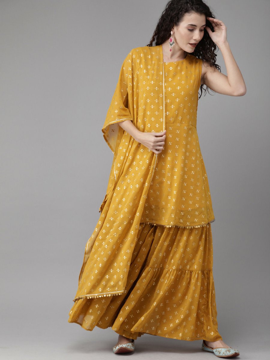 Ahalyaa Women's Mustard & Gold-Toned Printed Kurti with Sharara & Dupatta | Swadesiicart