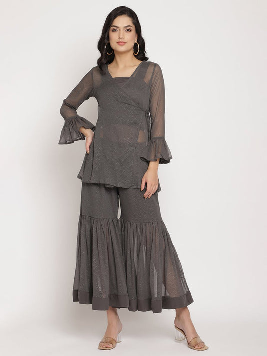 Ahalyaa Women Charcoal Grey Angrakha Kurta With Inner & Sharara | Swadesiicart