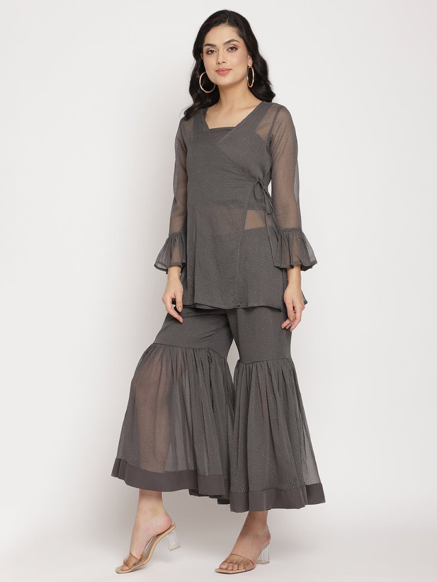 Ahalyaa Women Charcoal Grey Angrakha Kurta With Inner & Sharara | Swadesiicart