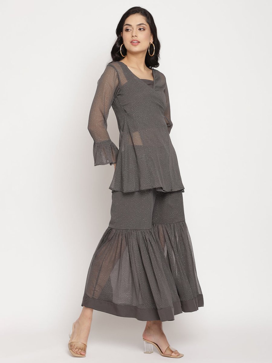 Ahalyaa Women Charcoal Grey Angrakha Kurta With Inner & Sharara | Swadesiicart