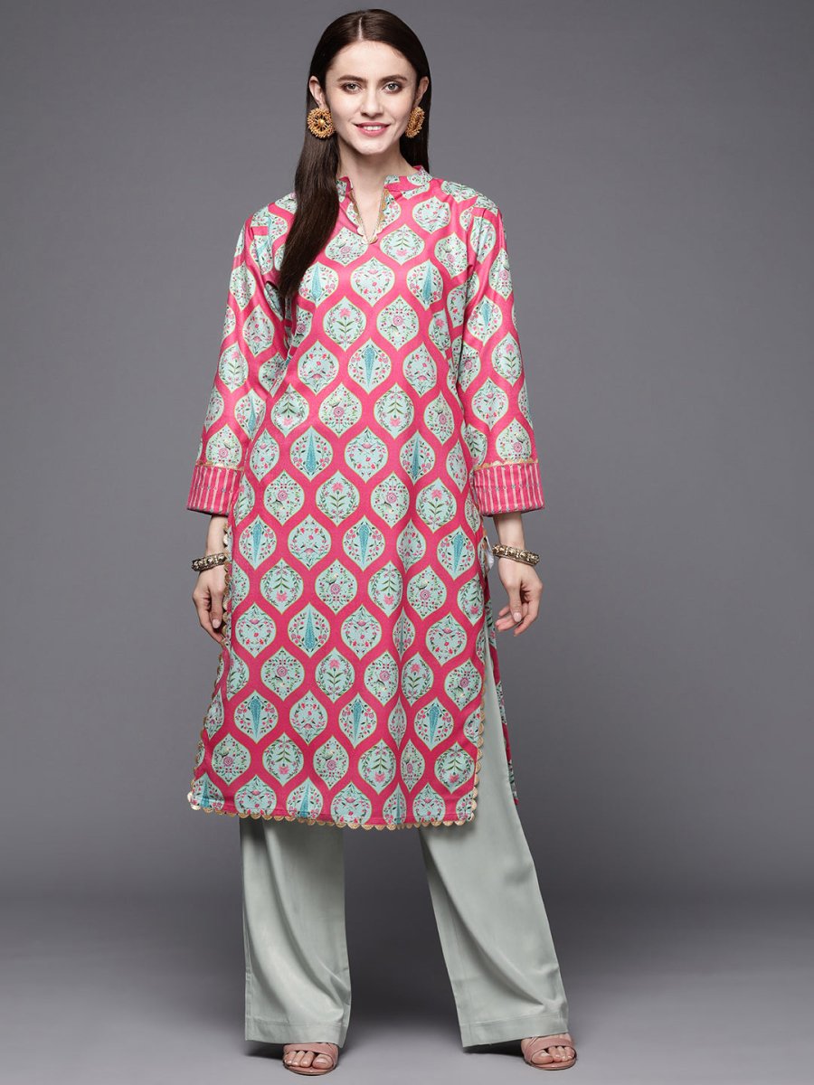 Ahalyaa Women Pink & Sea Green Floral Printed Gotta Patti Velvet Kurta | Swadesiicart