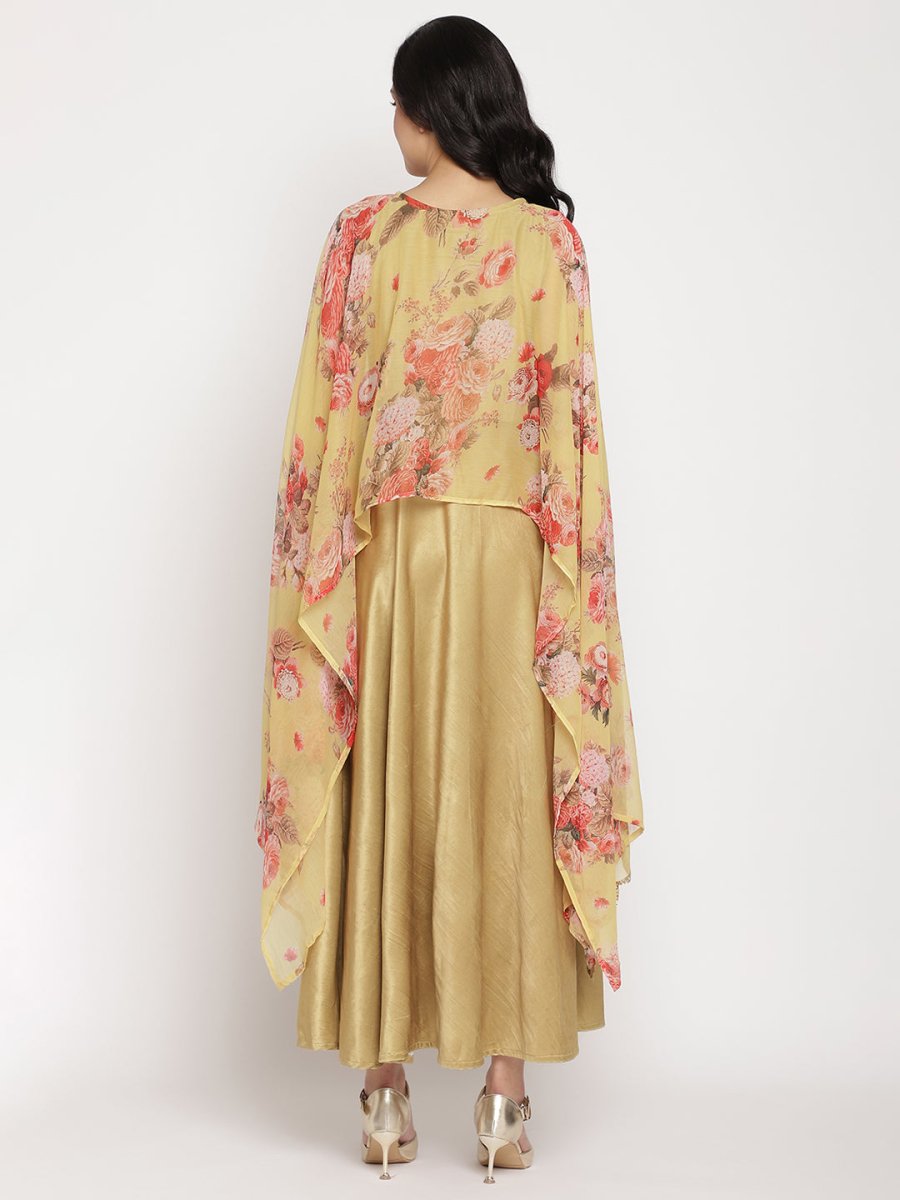 Ahalyaa Women's Mustard Color Velvet Kurta With Attached Printed Dupatta | Swadesiicart