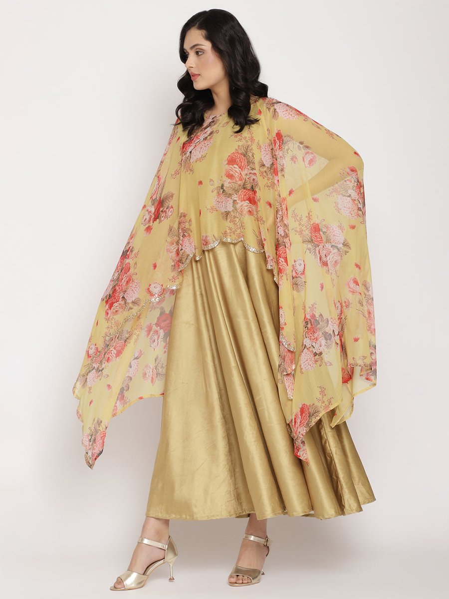 Ahalyaa Women's Mustard Color Velvet Kurta With Attached Printed Dupatta | Swadesiicart