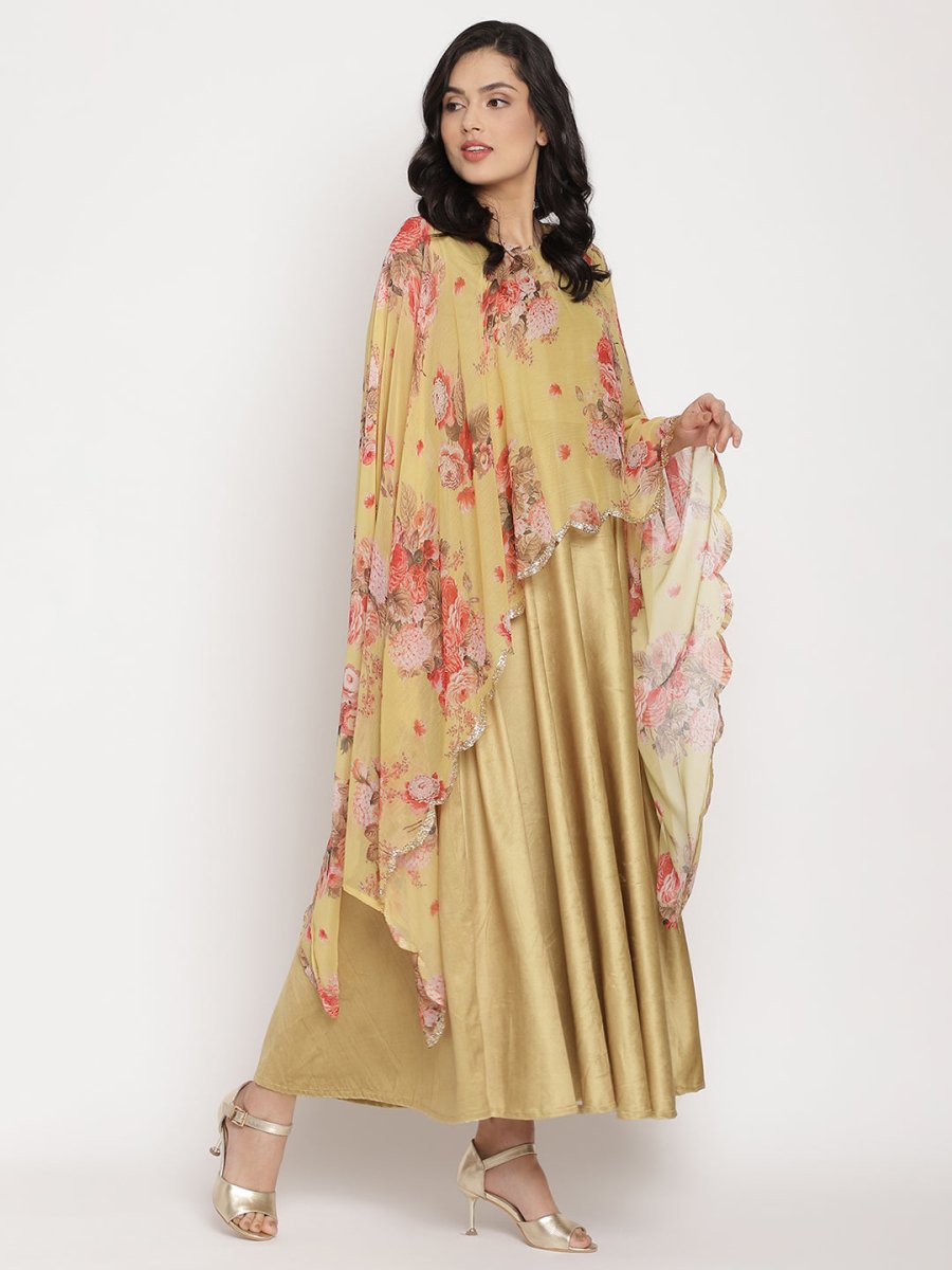 Ahalyaa Women's Mustard Color Velvet Kurta With Attached Printed Dupatta | Swadesiicart