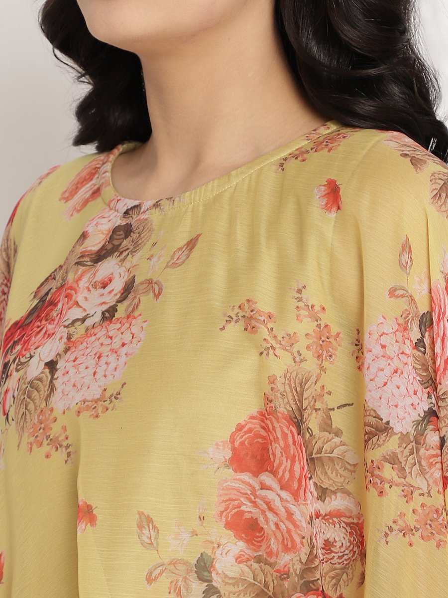 Ahalyaa Women's Mustard Color Velvet Kurta With Attached Printed Dupatta | Swadesiicart