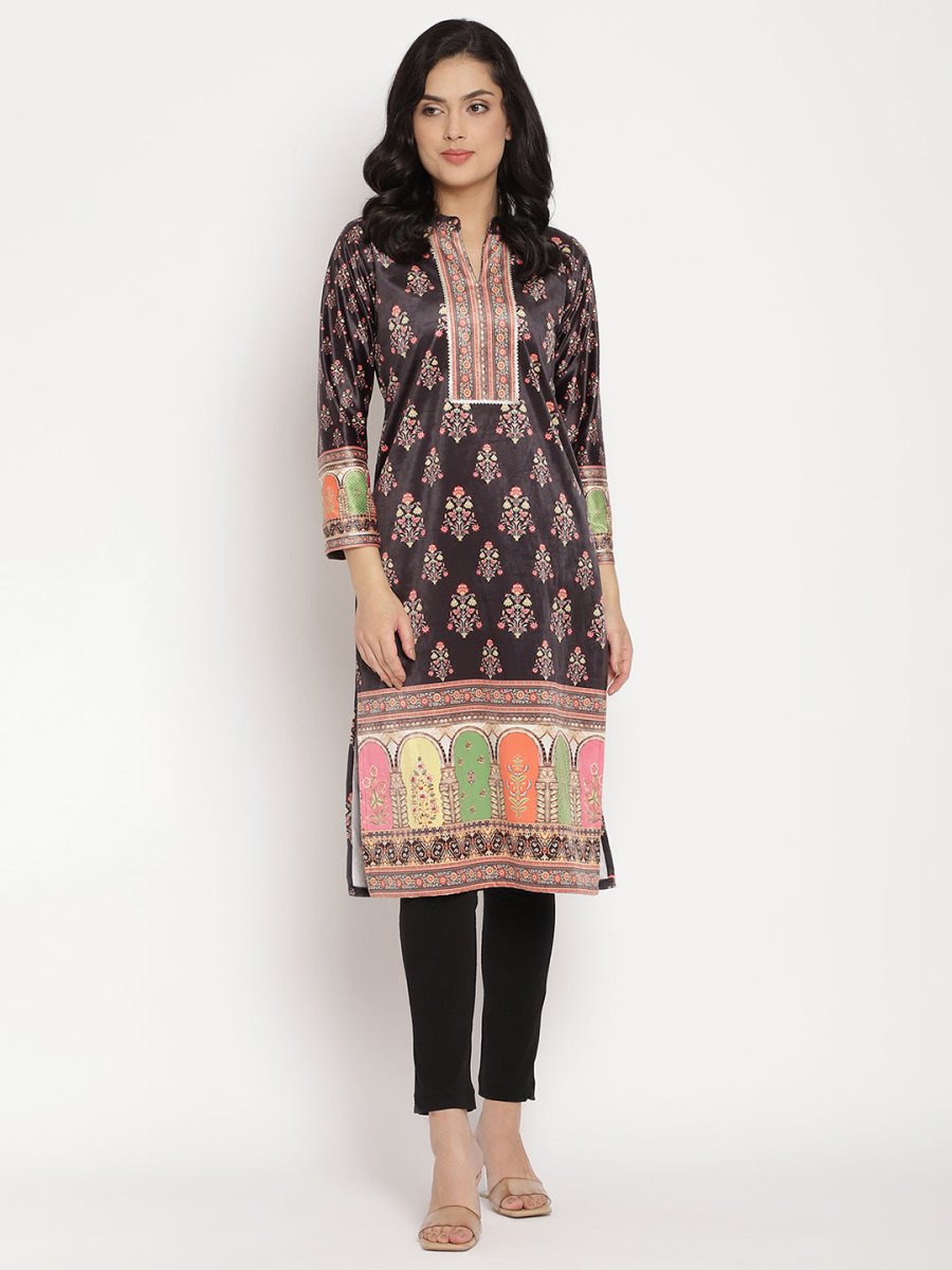 Ahalyaa Women's Black Color Digital Print Velvet Kurta | Swadesiicart