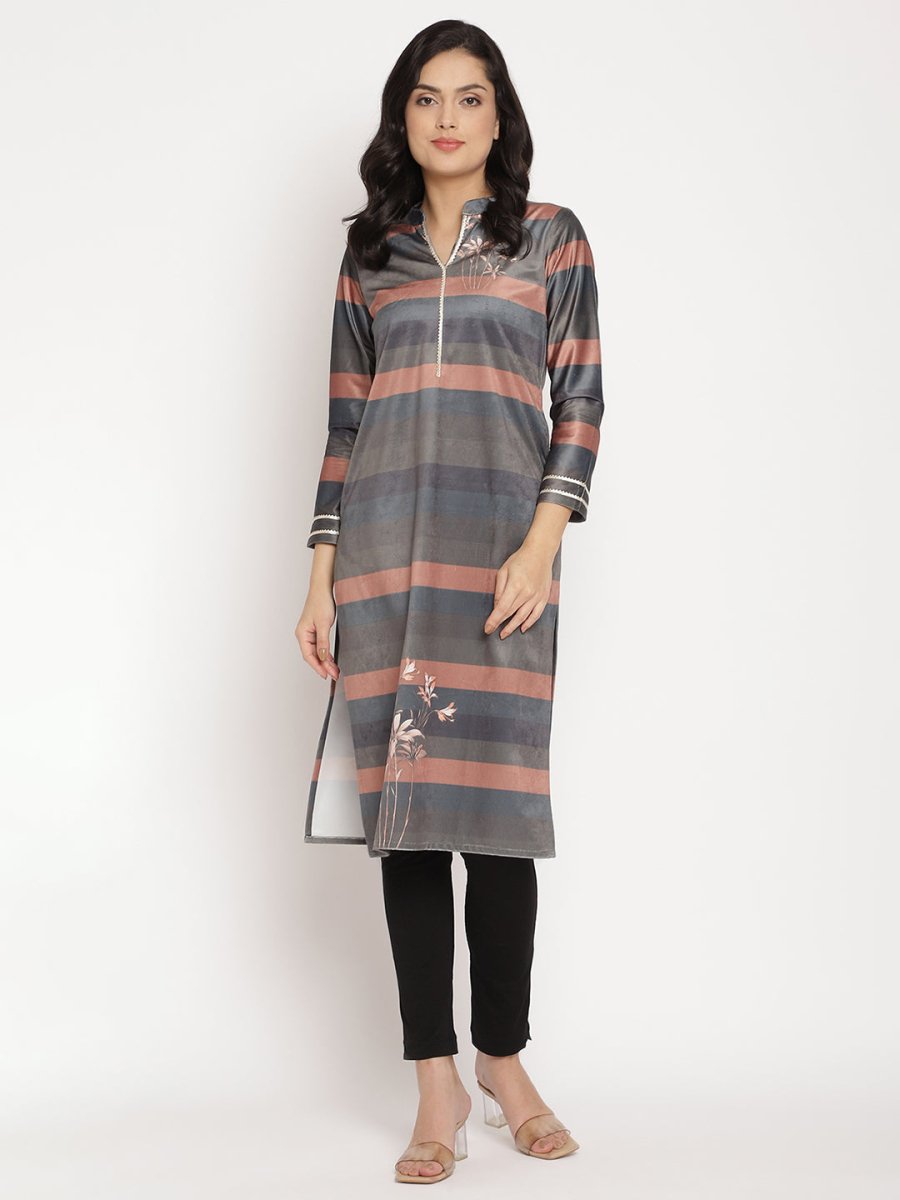 Ahalyaa Women's Multi Color Stripe Digital Print Velvet Kurta | Swadesiicart