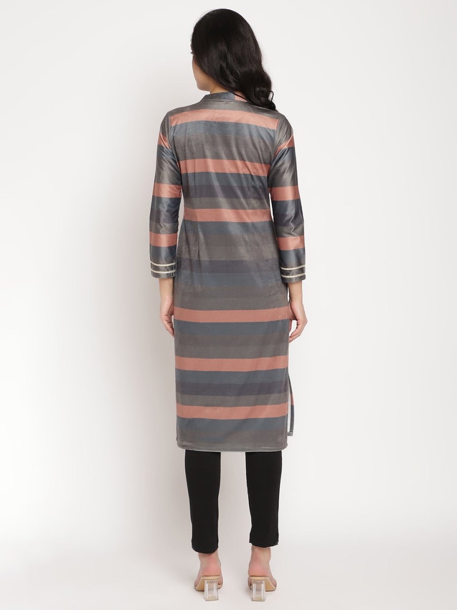 Ahalyaa Women's Multi Color Stripe Digital Print Velvet Kurta | Swadesiicart