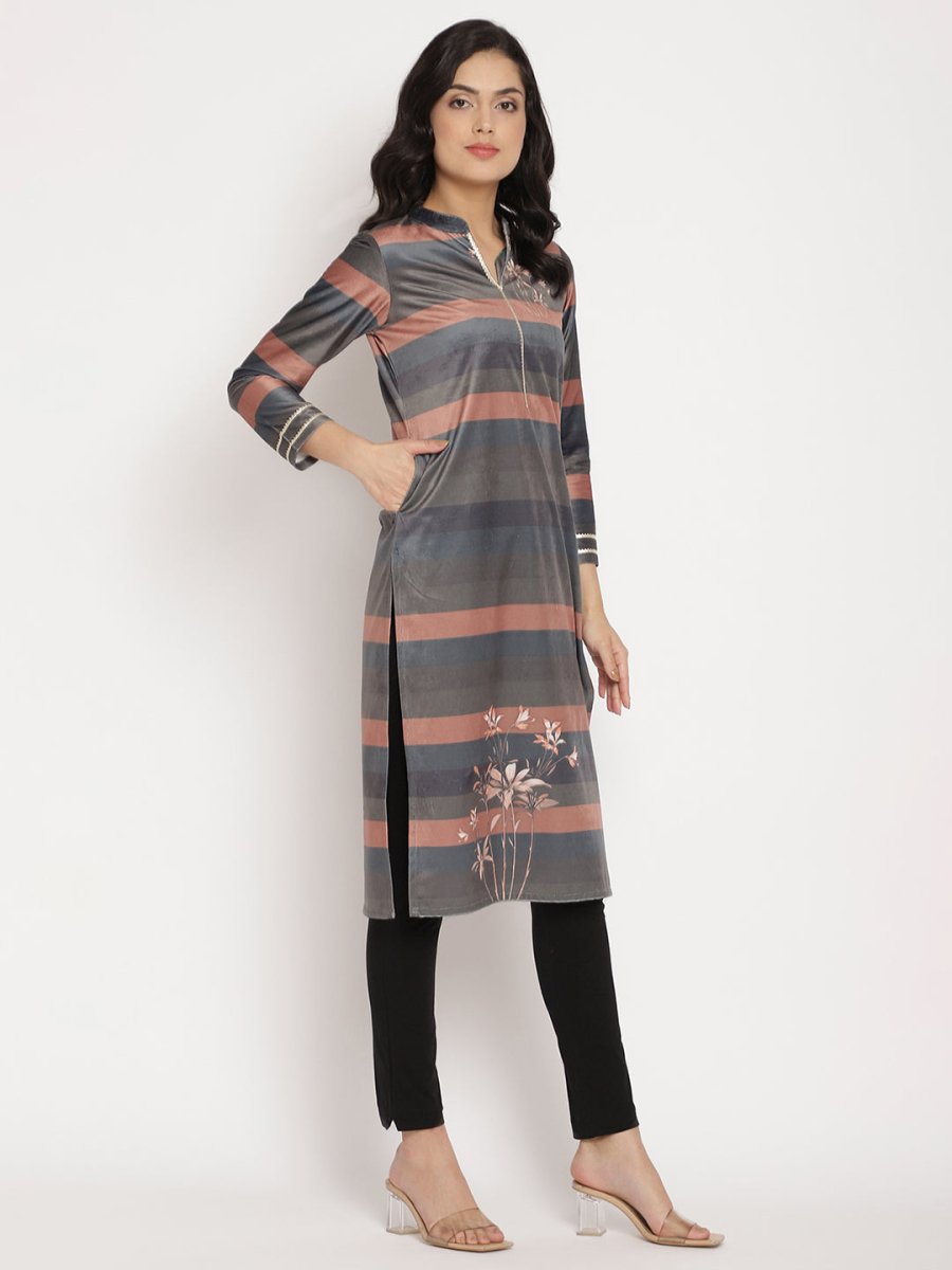 Ahalyaa Women's Multi Color Stripe Digital Print Velvet Kurta | Swadesiicart