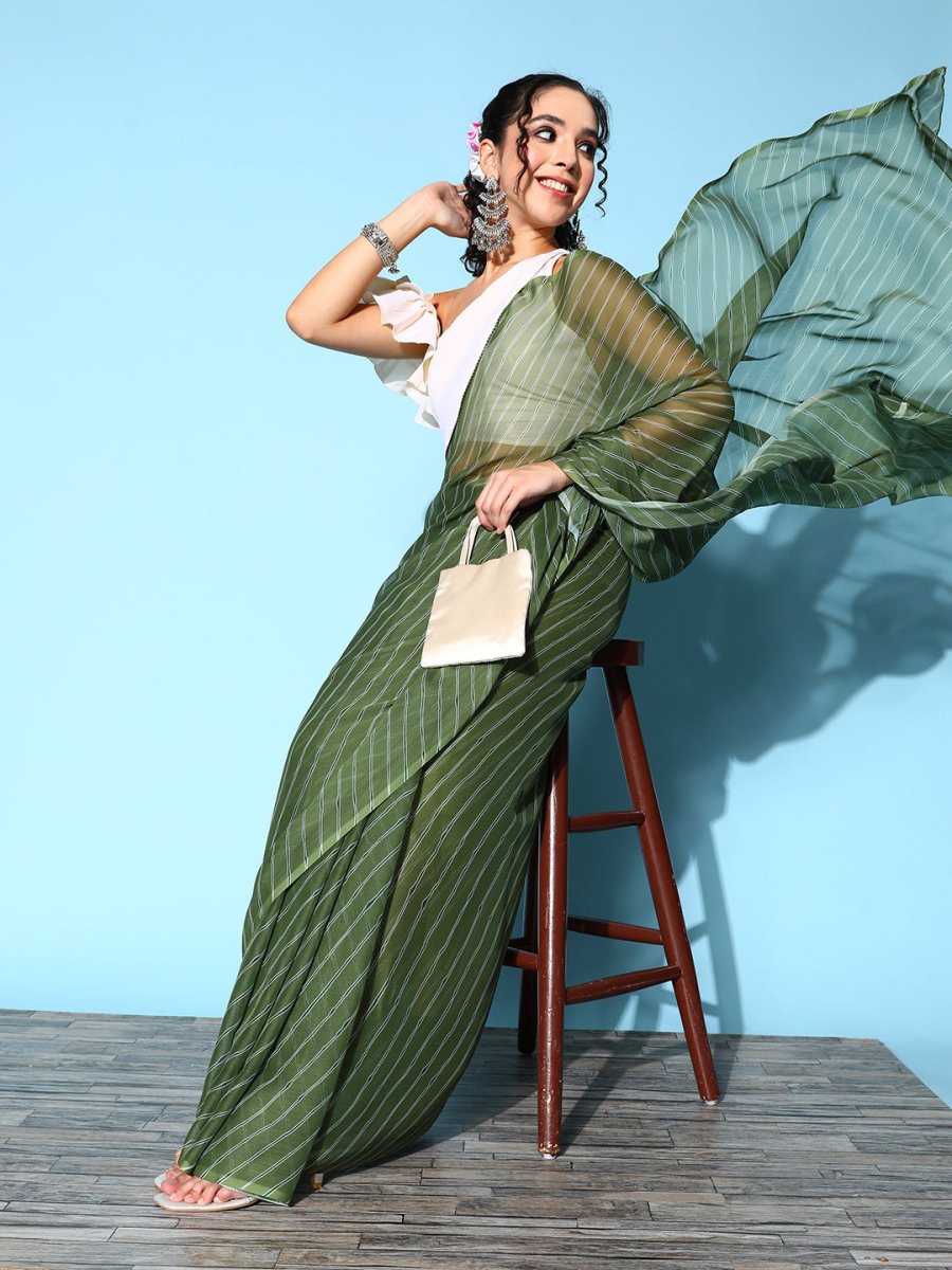 Ahalyaa Green & White Leheriya Saree | Swadesiicart
