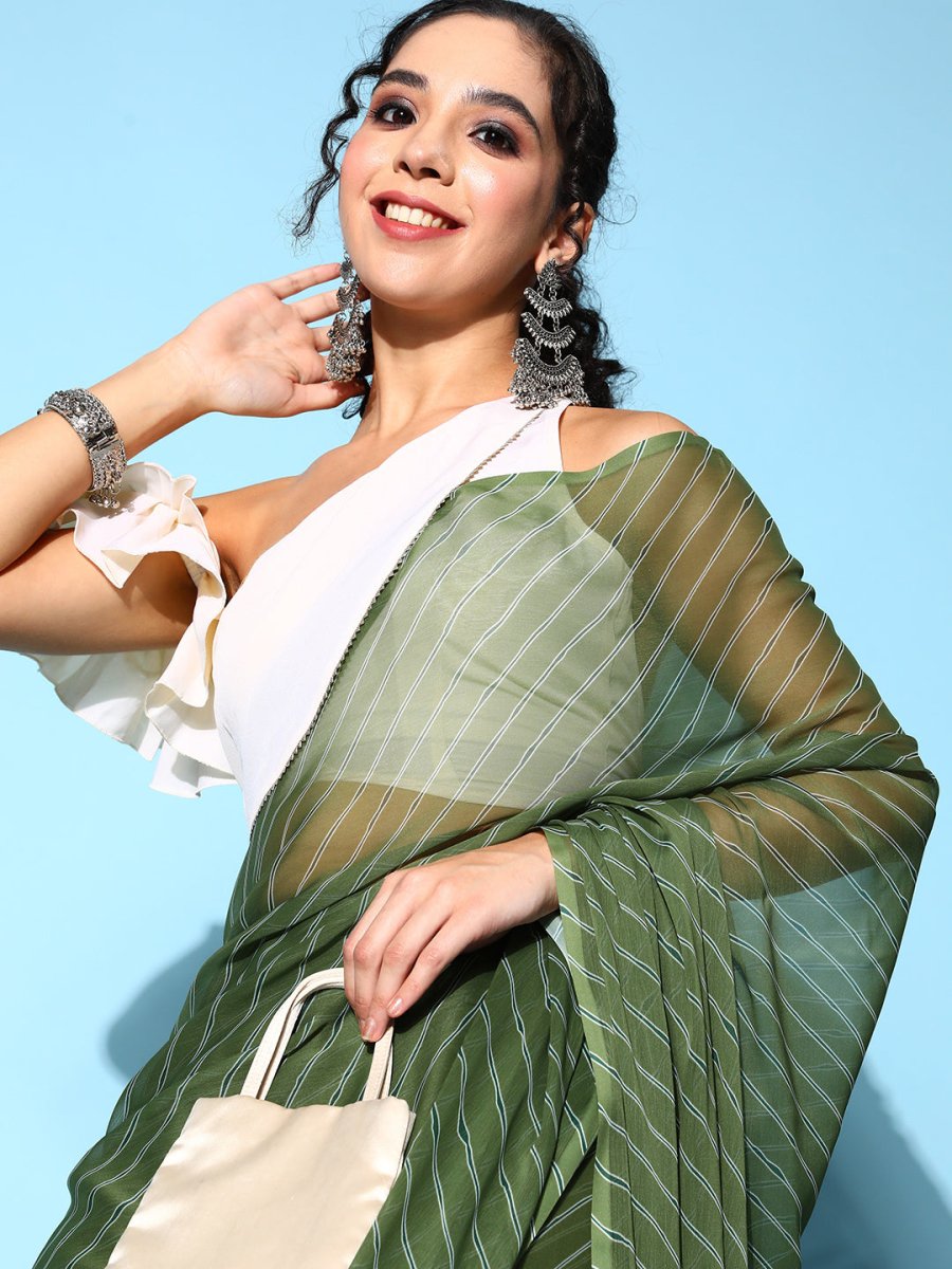 Ahalyaa Green & White Leheriya Saree | Swadesiicart