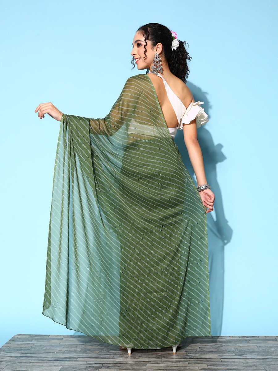 Ahalyaa Green & White Leheriya Saree | Swadesiicart