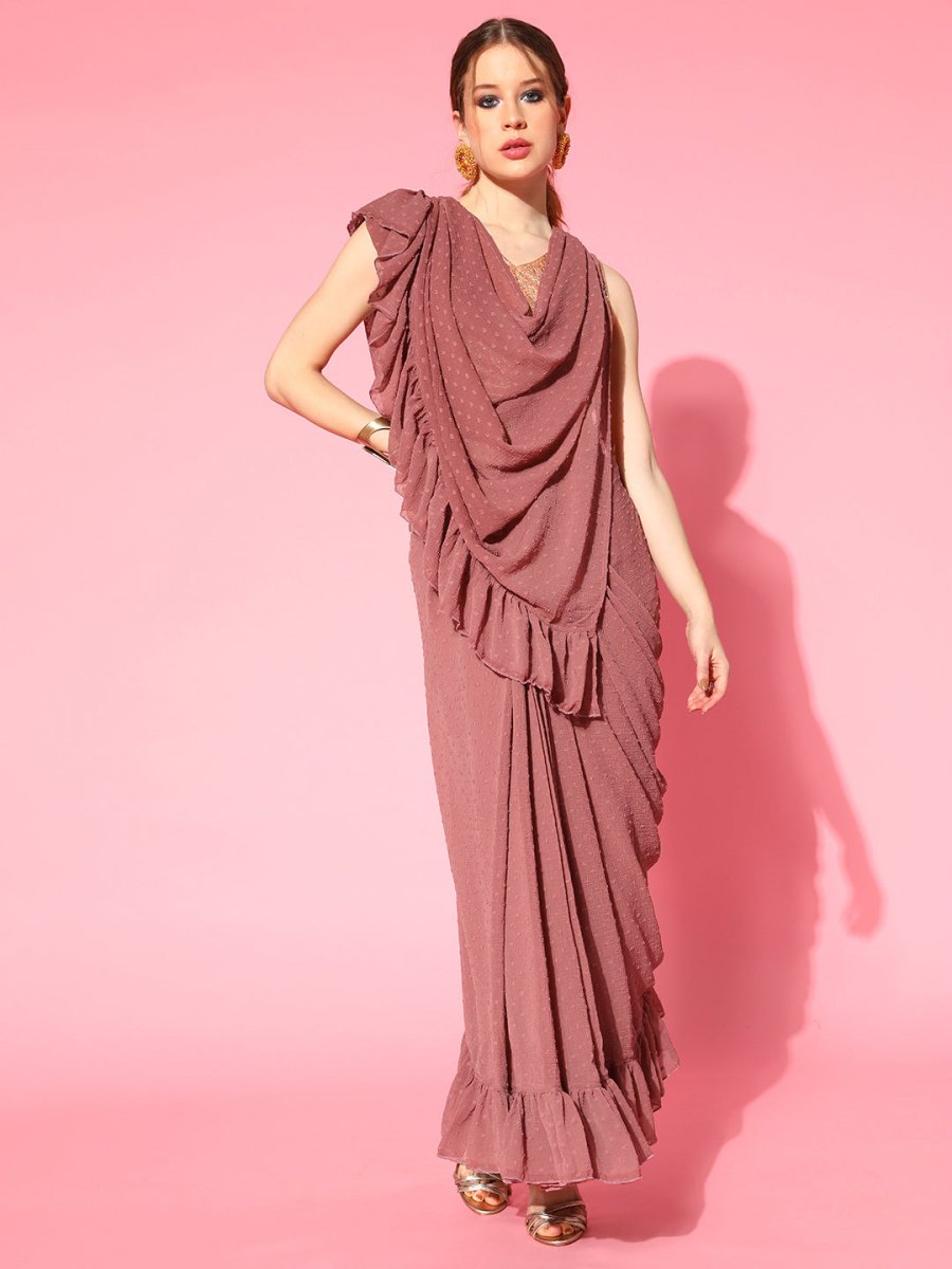 Ahalyaa Rusty Rose & Golden Woven Design Ready to Wear Saree | Swadesiicart