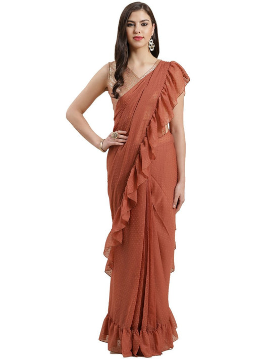 Ahalyaa Rust Brown Woven Design Ruffled Ready to Wear Saree Set | Swadesiicart