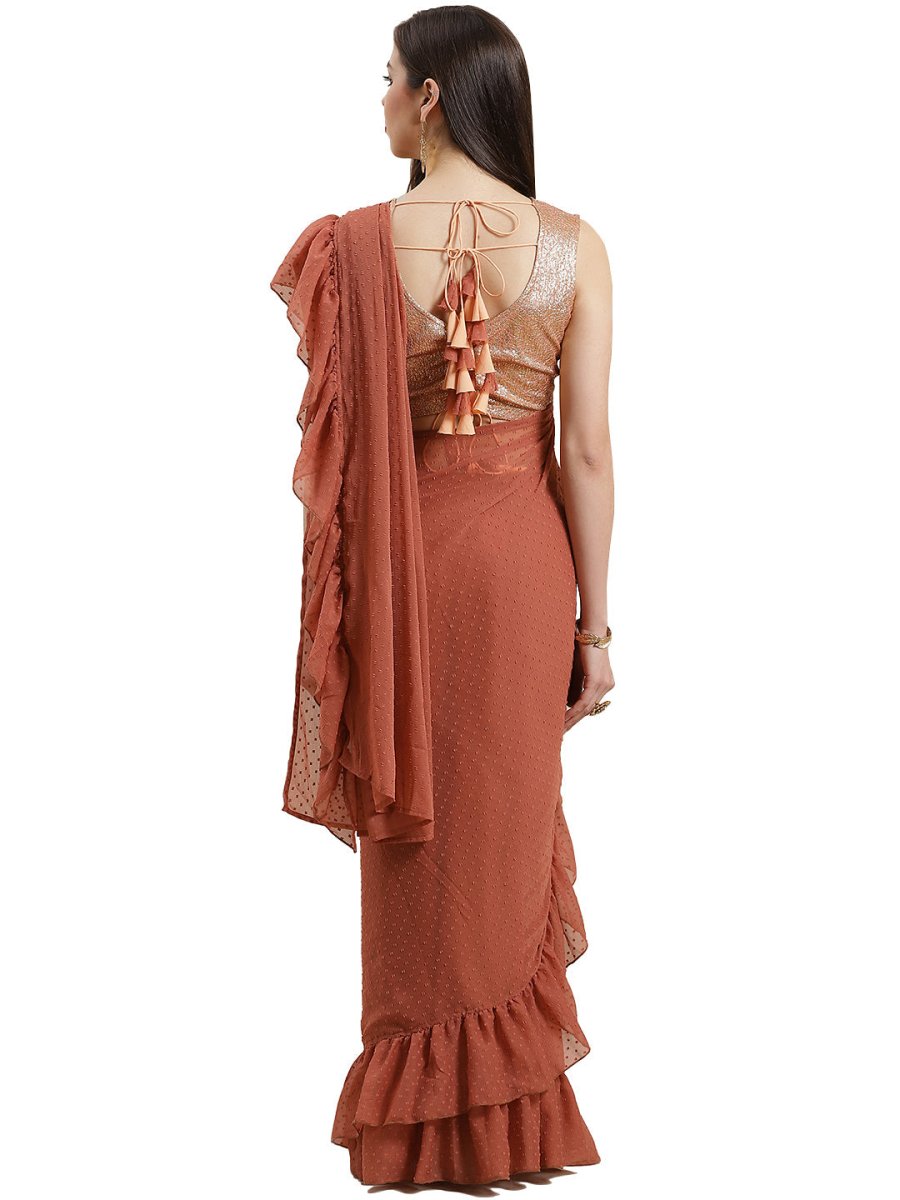 Ahalyaa Rust Brown Woven Design Ruffled Ready to Wear Saree Set | Swadesiicart