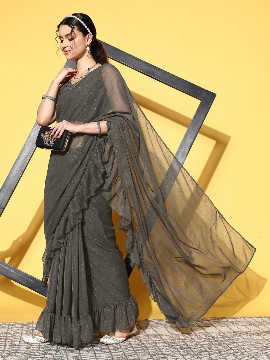Ahalyaa Women Glitter Print Ruffle Saree | Swadesiicart