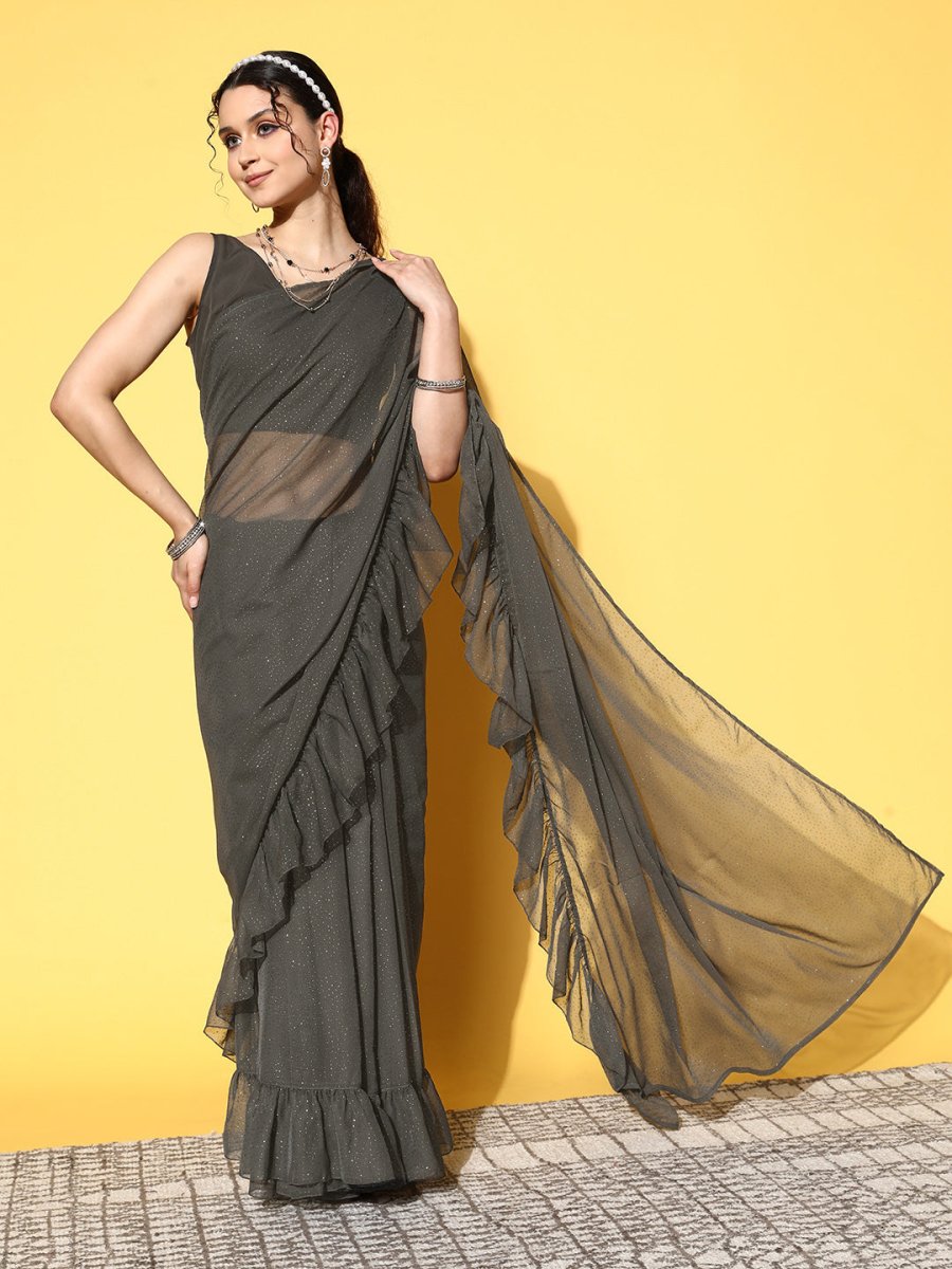 Ahalyaa Women Glitter Print Ruffle Saree | Swadesiicart