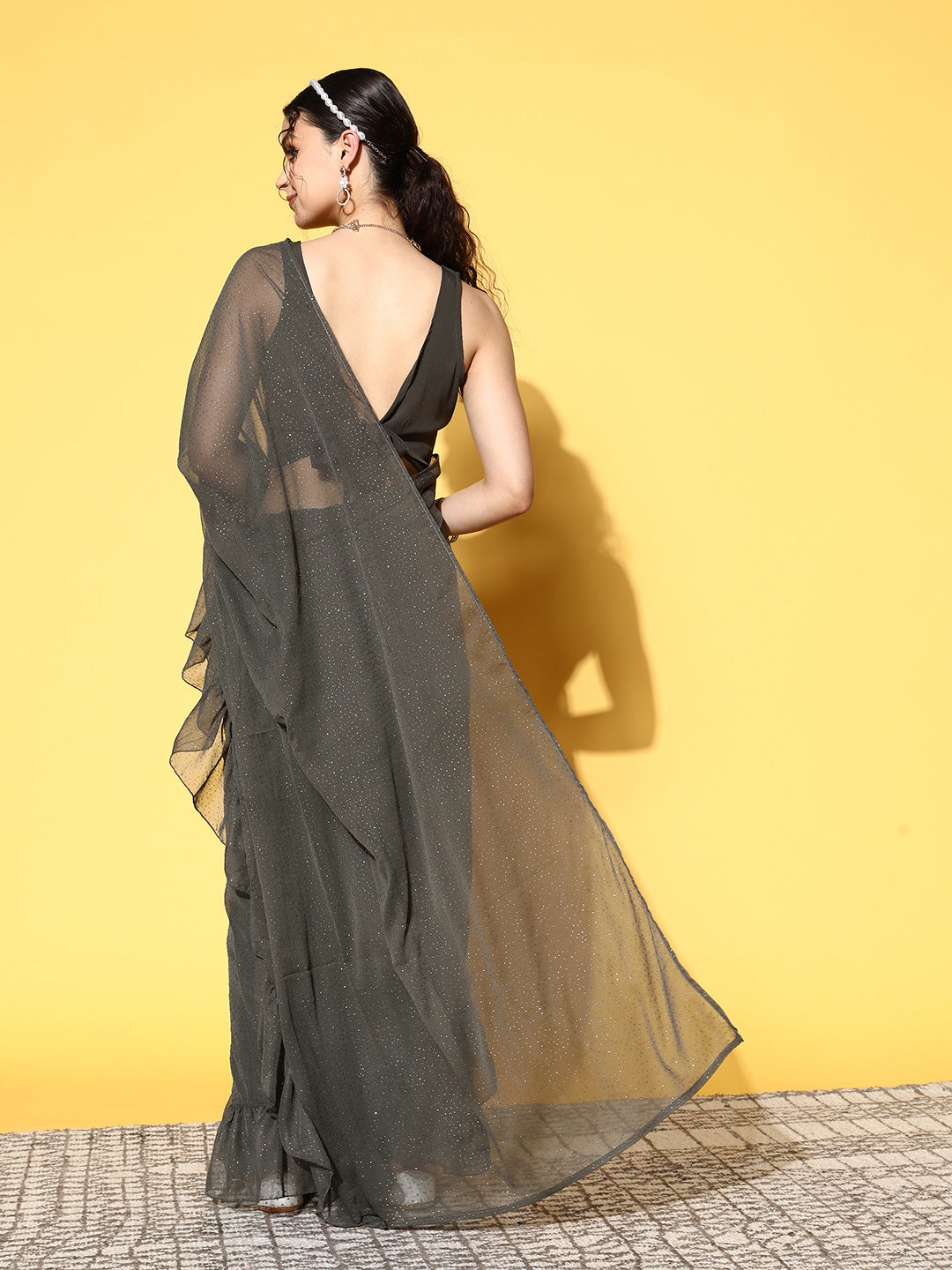 Ahalyaa Women Glitter Print Ruffle Saree | Swadesiicart
