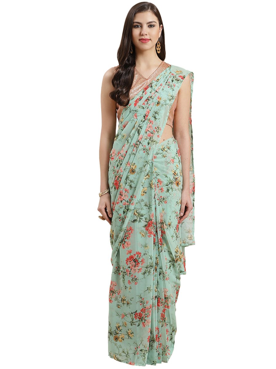 Ahalyaa Green & Peach Colored Printed Bagh Ready to Wear Saree Set | Swadesiicart