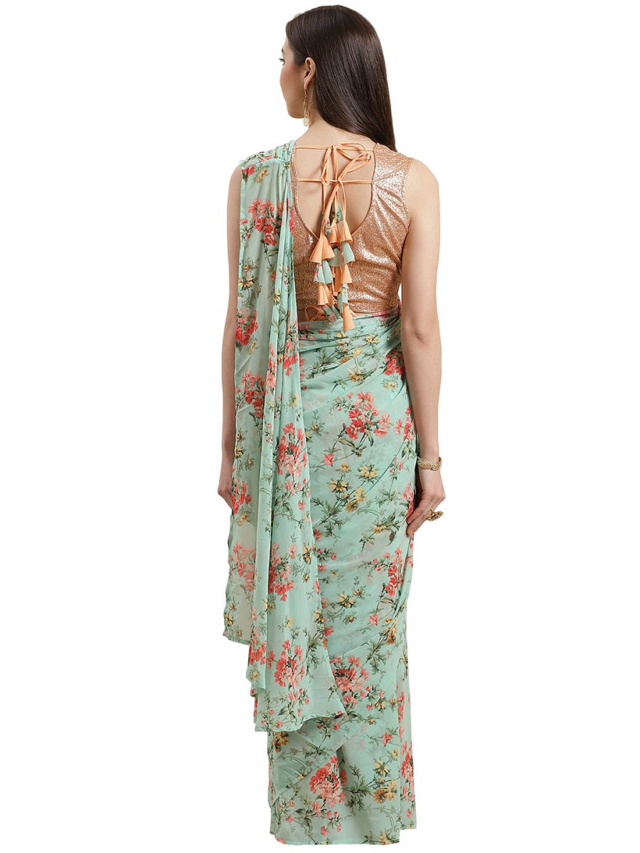 Ahalyaa Green & Peach Colored Printed Bagh Ready to Wear Saree Set | Swadesiicart