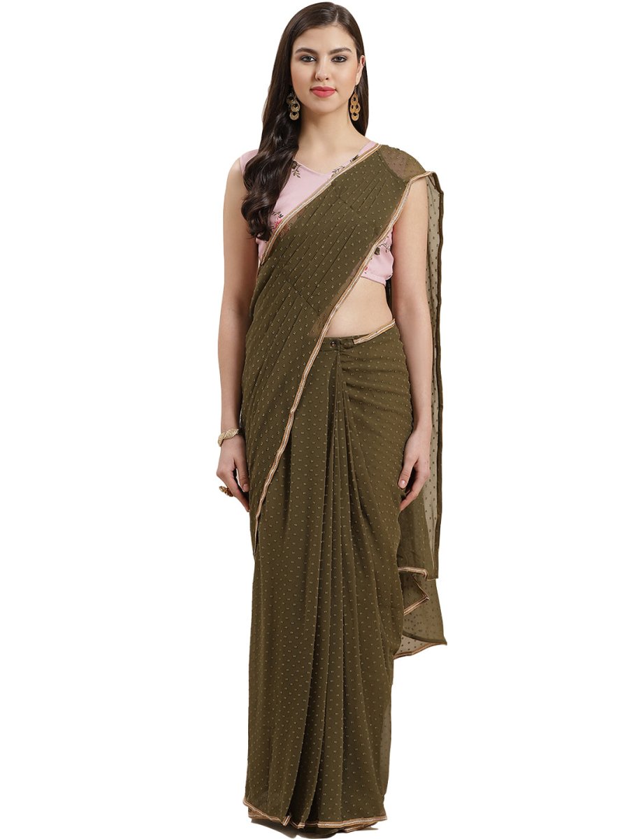 Ahalyaa Olive Green Pleated Woven Design Saree Set | Swadesiicart