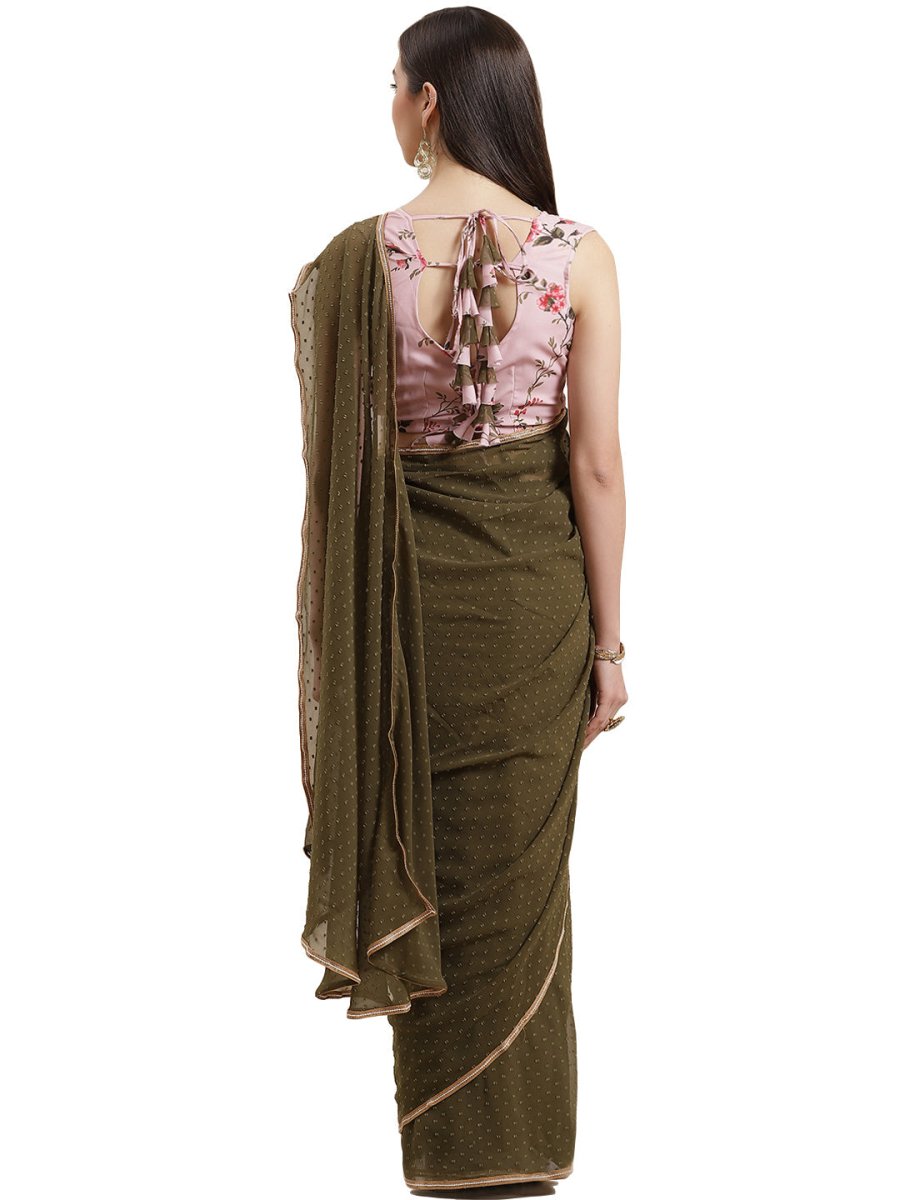 Ahalyaa Olive Green Pleated Woven Design Saree Set | Swadesiicart
