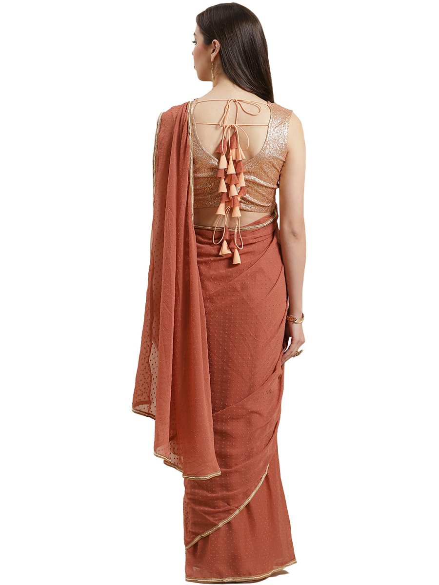Ahalyaa Rusty Brown Pleated Ready to Wear Saree Set | Swadesiicart