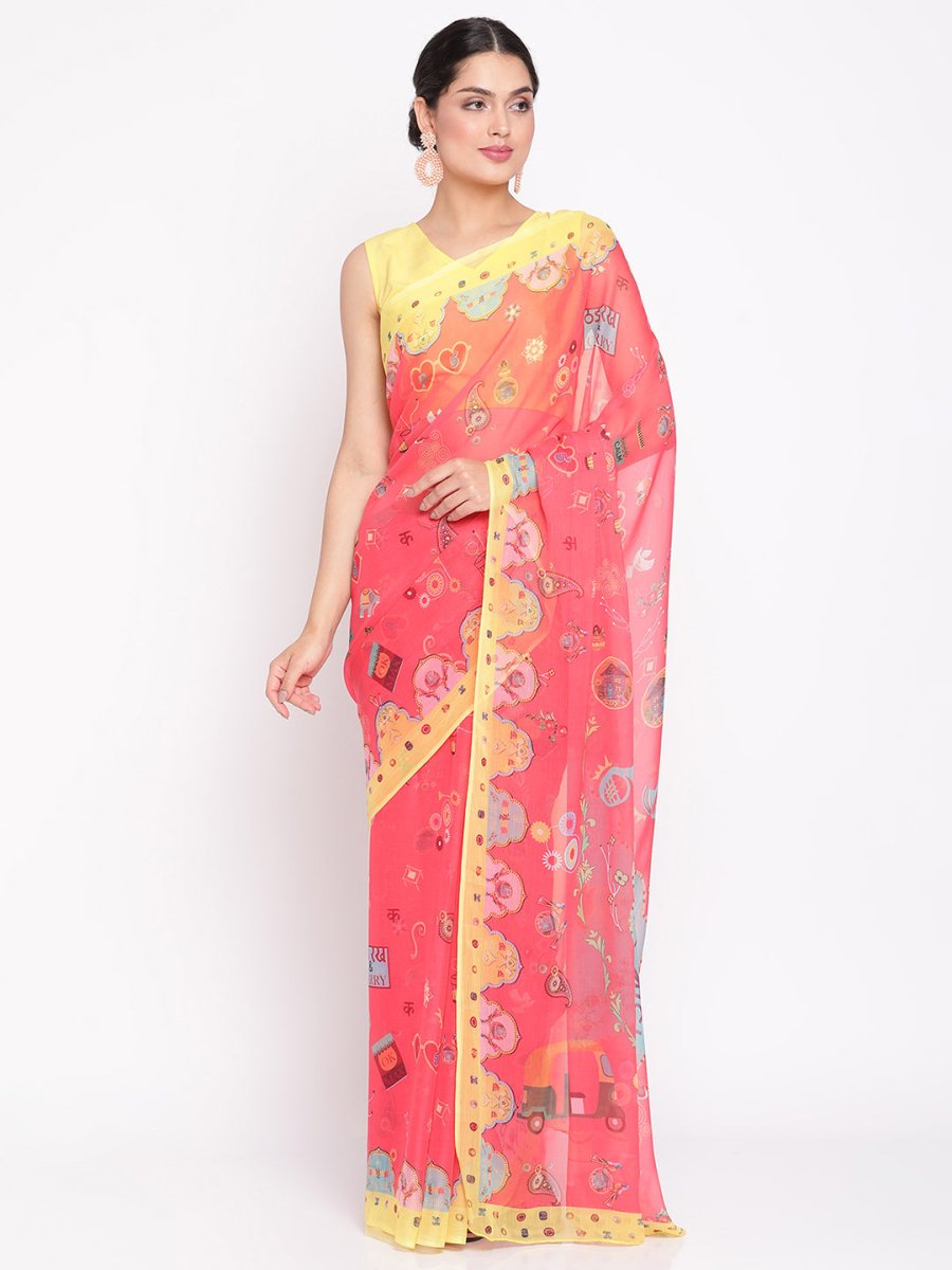 Ahalyaa Women's Red Colour Chiffon Digital Print Saree | Swadesiicart