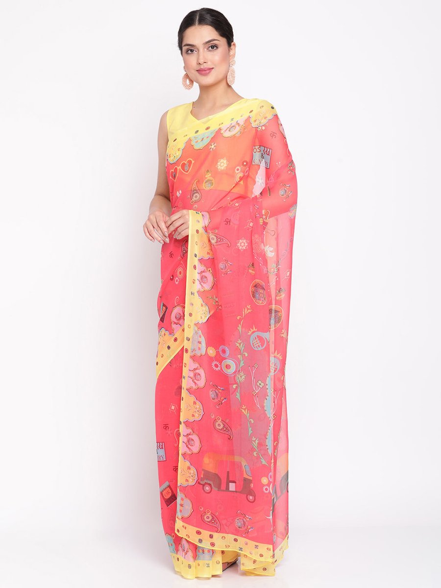 Ahalyaa Women's Red Colour Chiffon Digital Print Saree | Swadesiicart