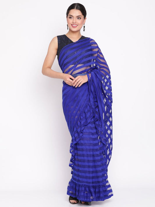 Ahalyaa Blue & Black Striped Net Ready to Wear Saree Set | Swadesiicart