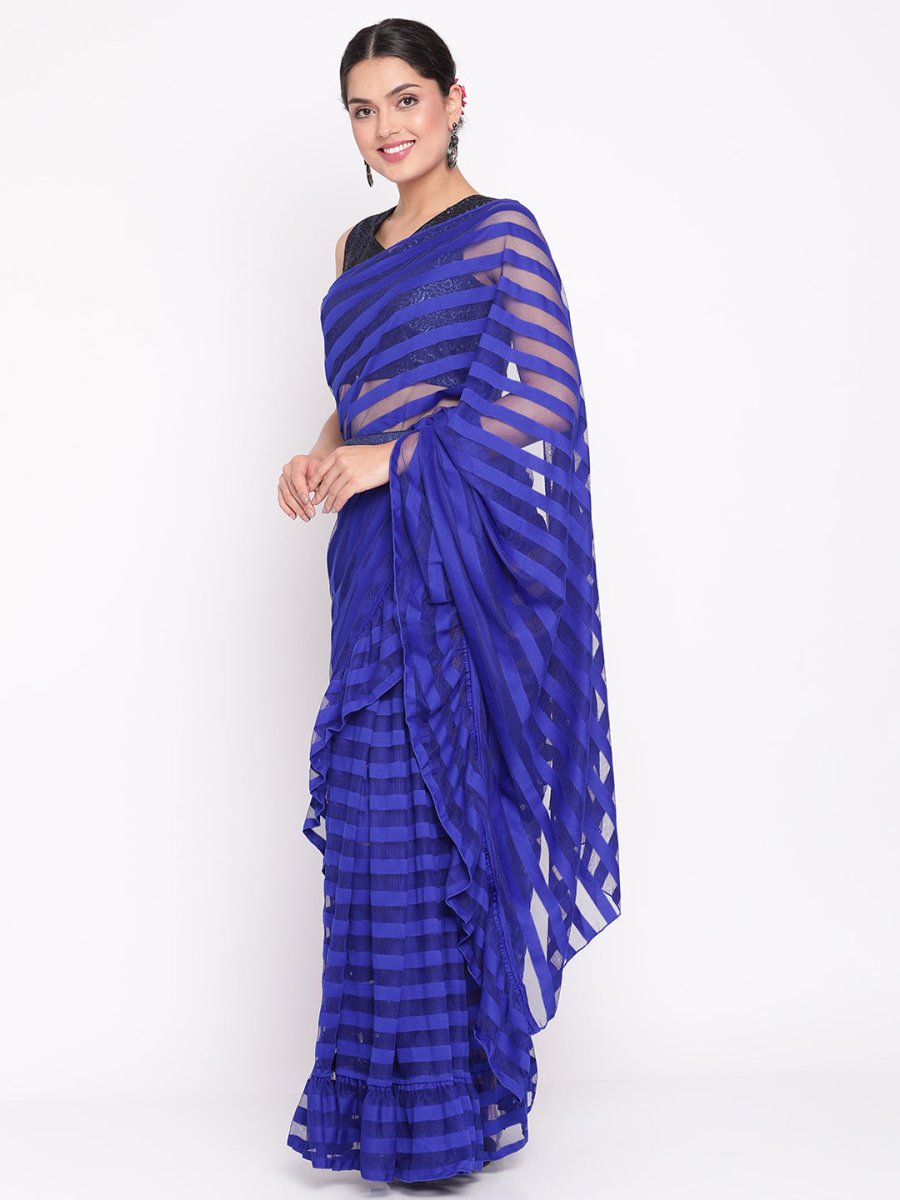 Ahalyaa Blue & Black Striped Net Ready to Wear Saree Set | Swadesiicart