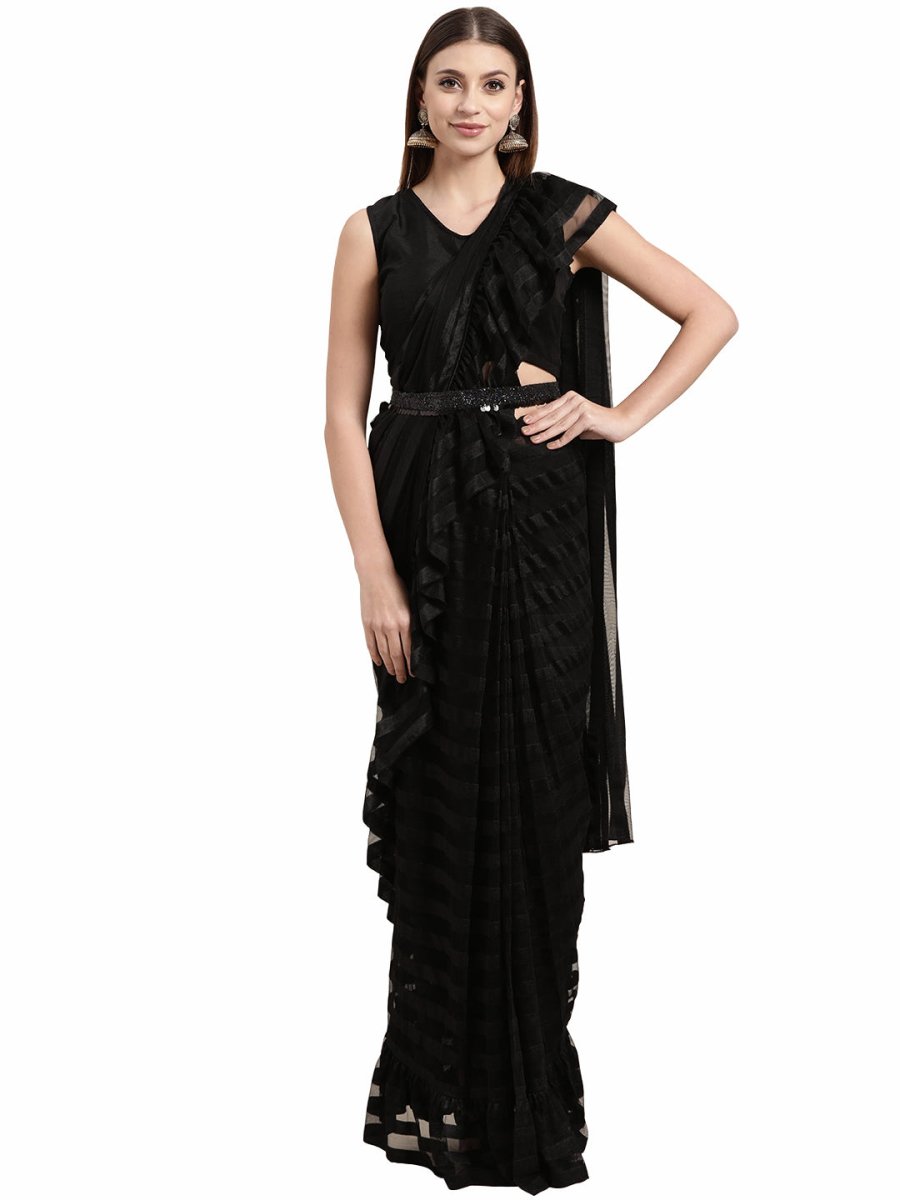 Ahalyaa Black Self-Striped Ruffled Ready to Wear Saree Set | Swadesiicart