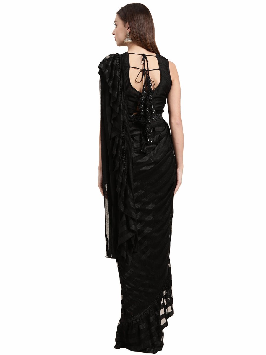 Ahalyaa Black Self-Striped Ruffled Ready to Wear Saree Set | Swadesiicart