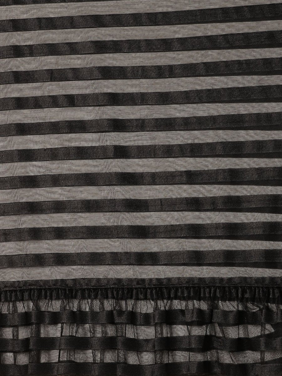 Ahalyaa Black Self-Striped Ruffled Ready to Wear Saree Set | Swadesiicart