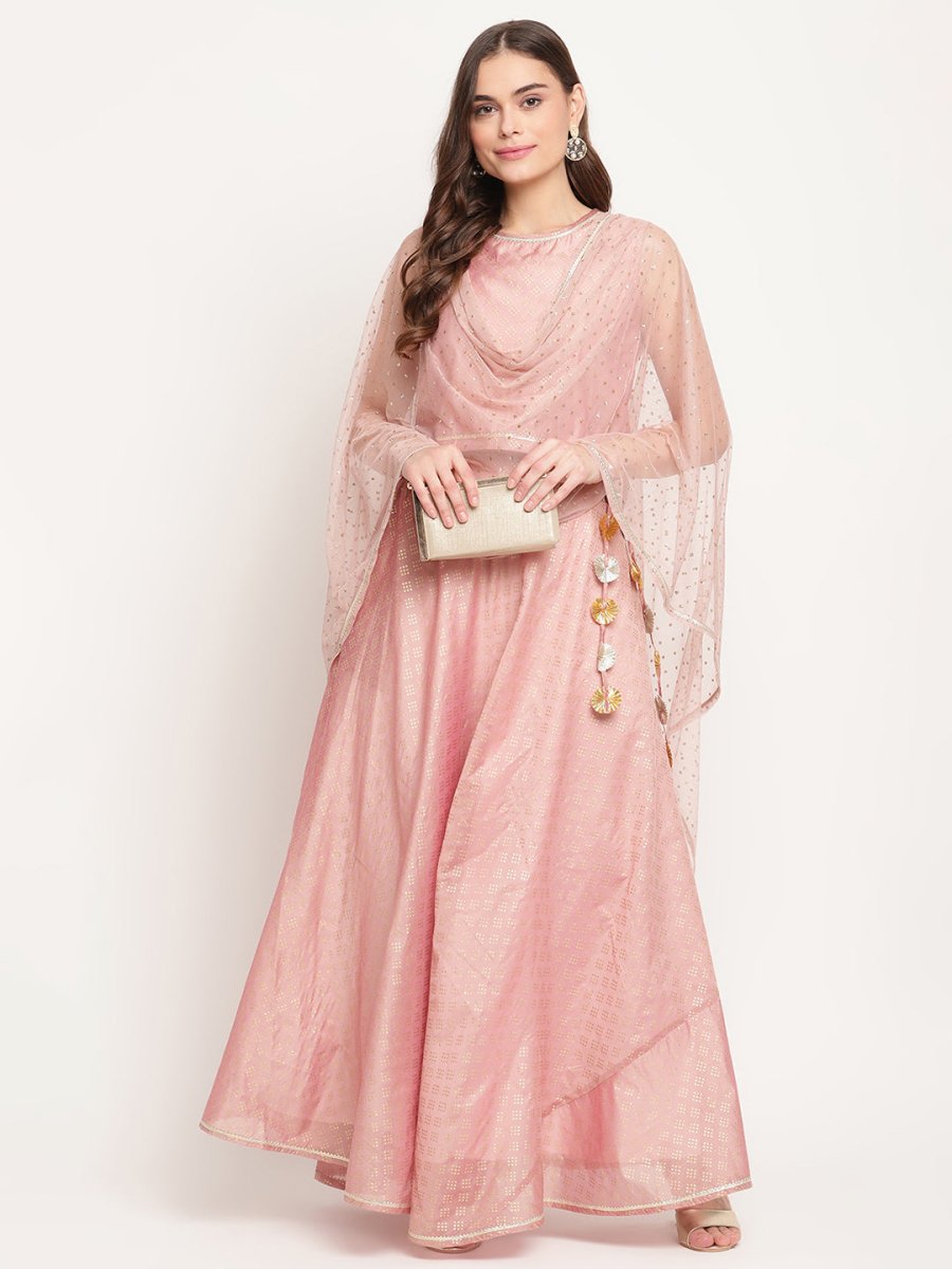 Ahalyaa Women Rusty Rose Chanderi Gold Foil Prin Lehenga Choli With Dupatta | Swadesiicart