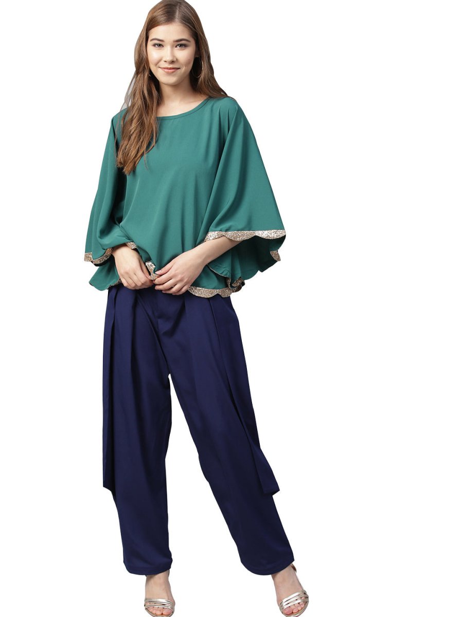 Ahalyaa Indo Western Sea Green Cape With Drape Pant | Swadesiicart