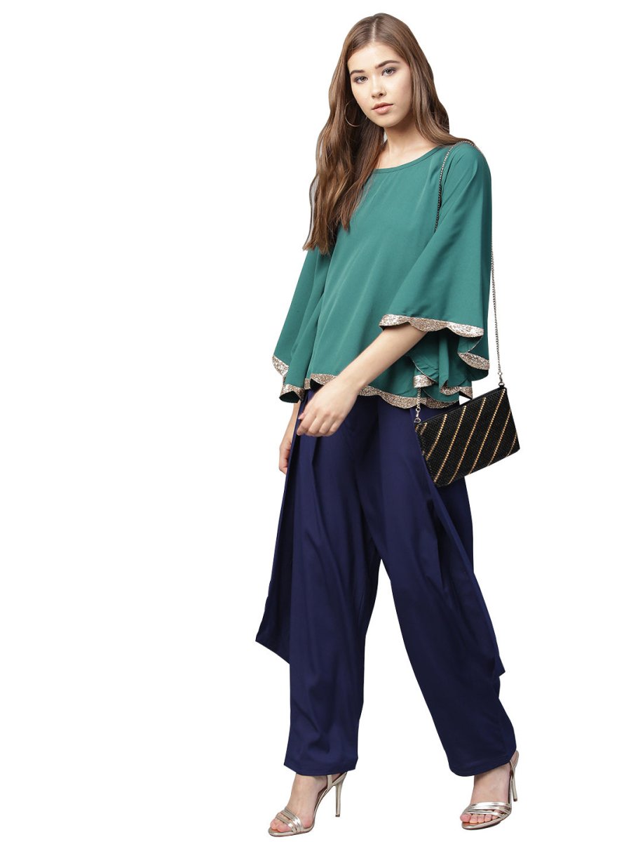 Ahalyaa Indo Western Sea Green Cape With Drape Pant | Swadesiicart