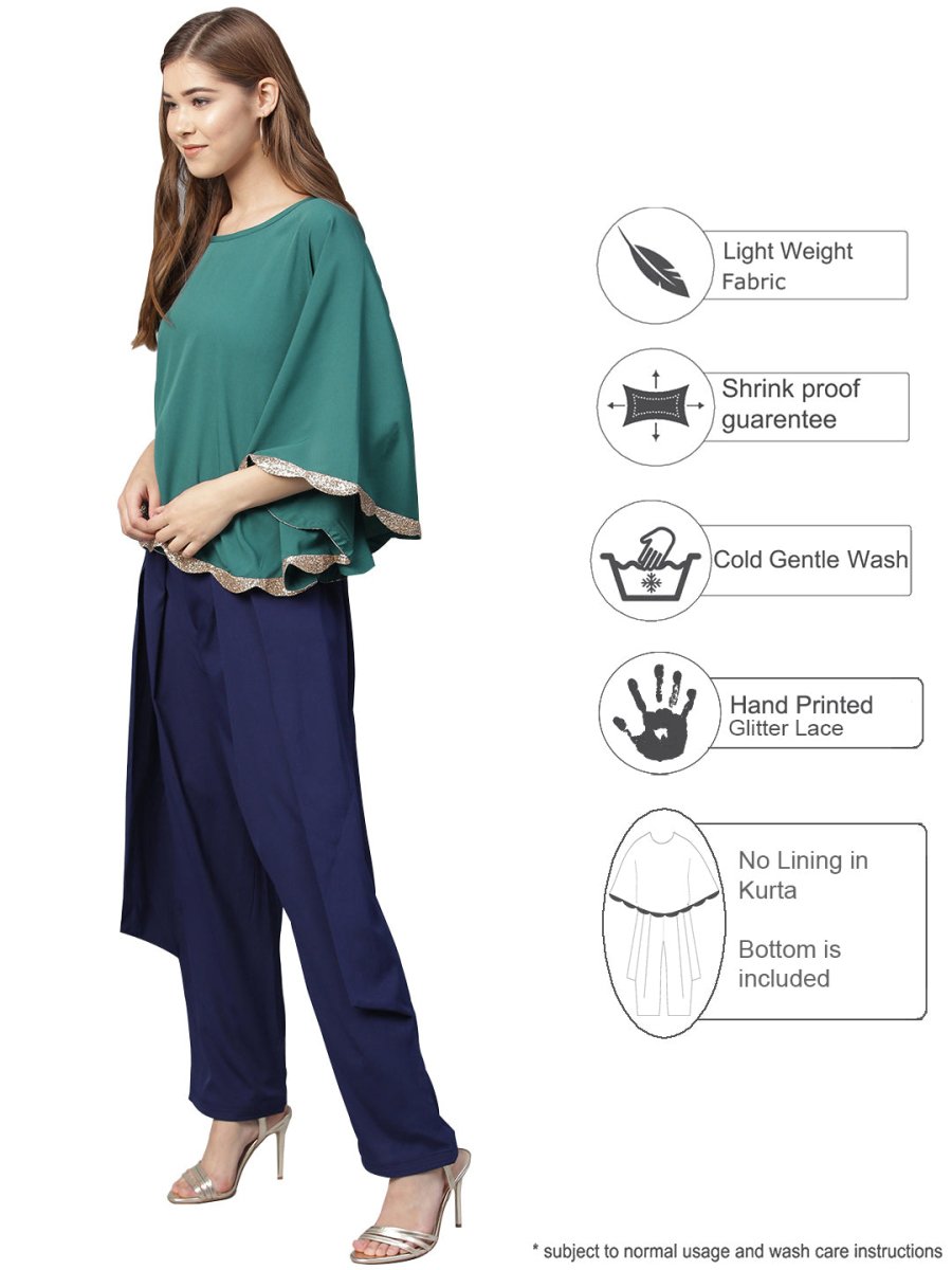 Ahalyaa Indo Western Sea Green Cape With Drape Pant | Swadesiicart