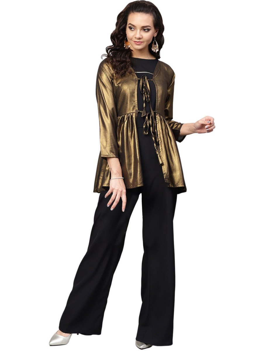 Ahalyaa Golden Flared Crepe, Georgette Indowestern Set | Swadesiicart