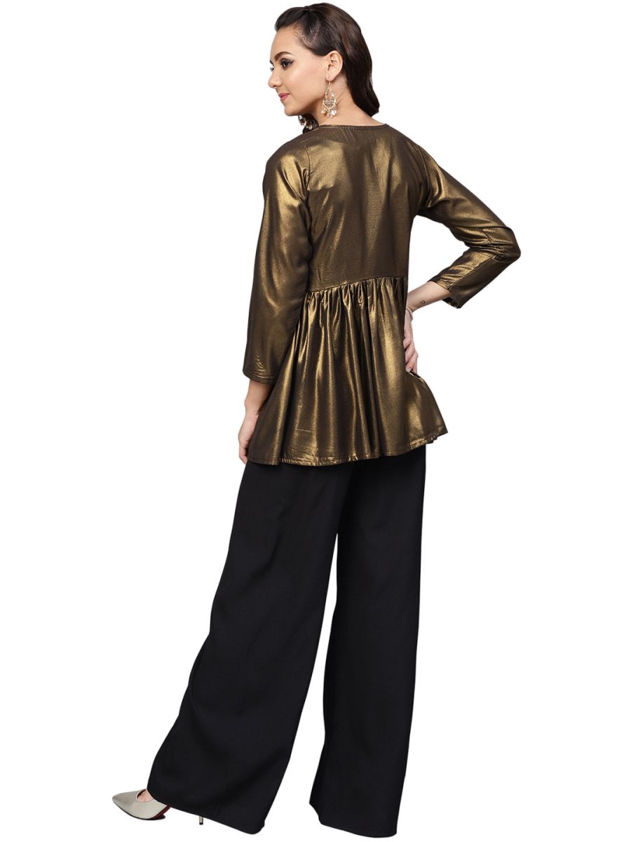 Ahalyaa Golden Flared Crepe, Georgette Indowestern Set | Swadesiicart