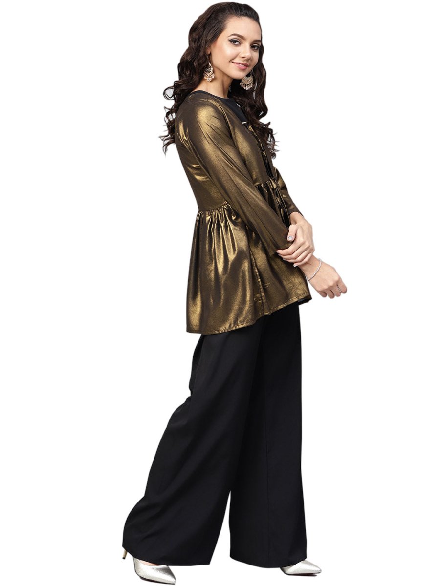 Ahalyaa Golden Flared Crepe, Georgette Indowestern Set | Swadesiicart