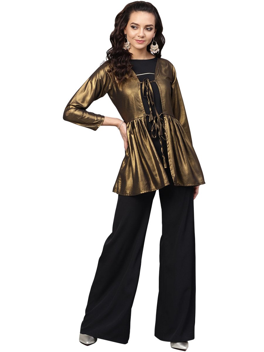 Ahalyaa Golden Flared Crepe, Georgette Indowestern Set | Swadesiicart