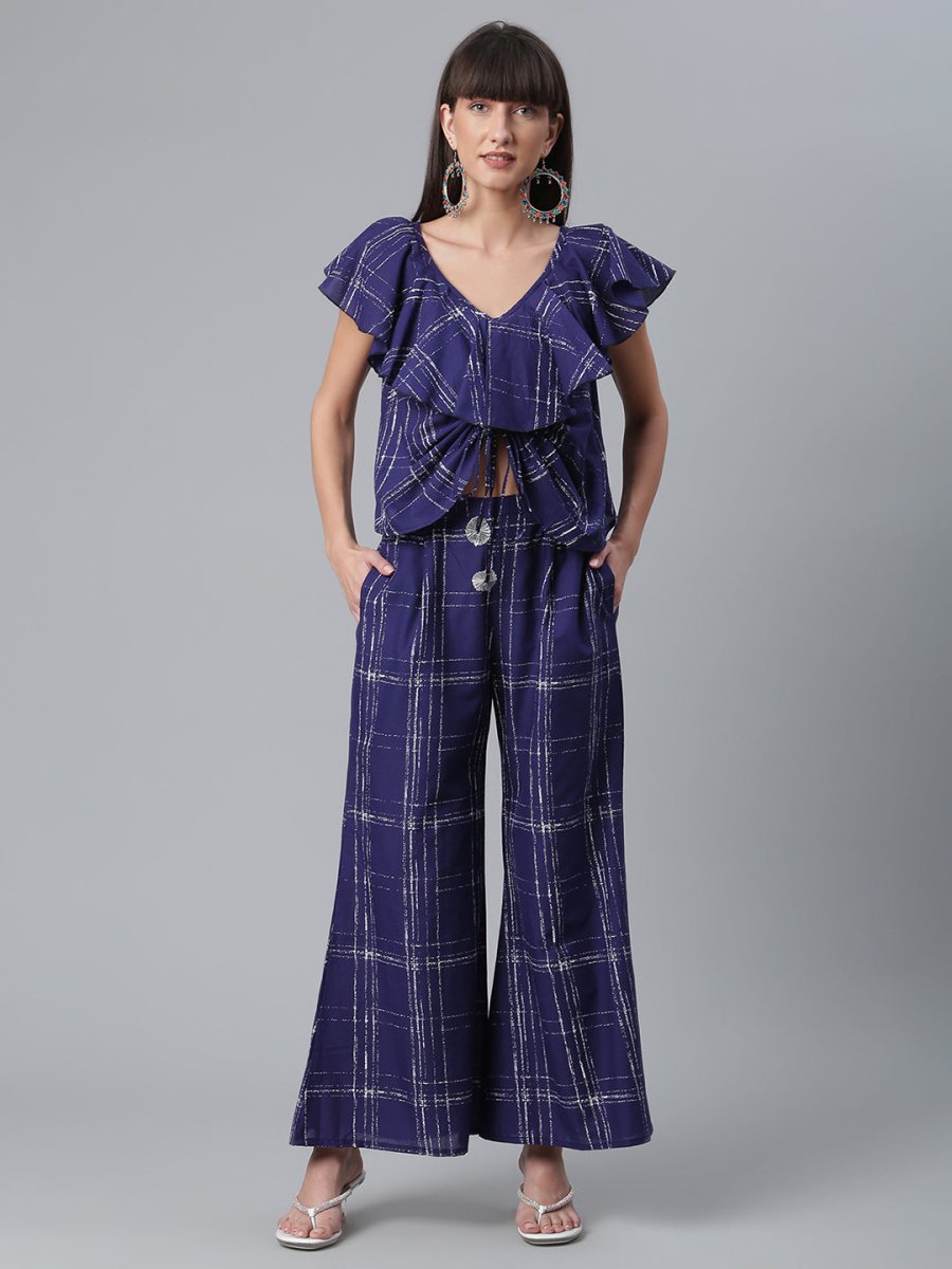 Ahalyaa Navy Blue & Off-White Pure Cotton Checked Top with Palazzo | Swadesiicart