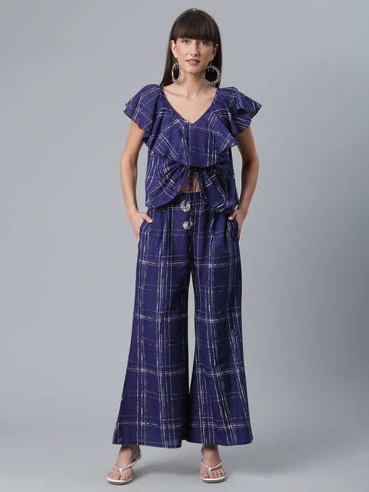 Ahalyaa Navy Blue & Off-White Pure Cotton Checked Top with Palazzo | Swadesiicart