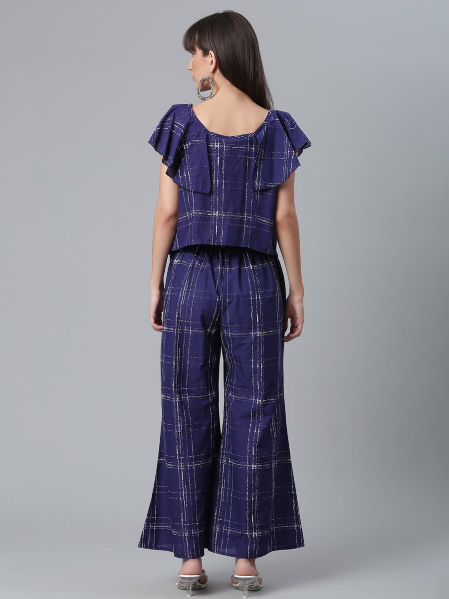 Ahalyaa Navy Blue & Off-White Pure Cotton Checked Top with Palazzo | Swadesiicart