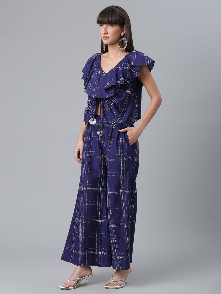Ahalyaa Navy Blue & Off-White Pure Cotton Checked Top with Palazzo | Swadesiicart