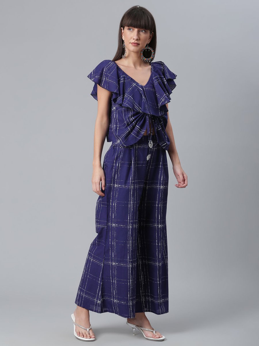 Ahalyaa Navy Blue & Off-White Pure Cotton Checked Top with Palazzo | Swadesiicart