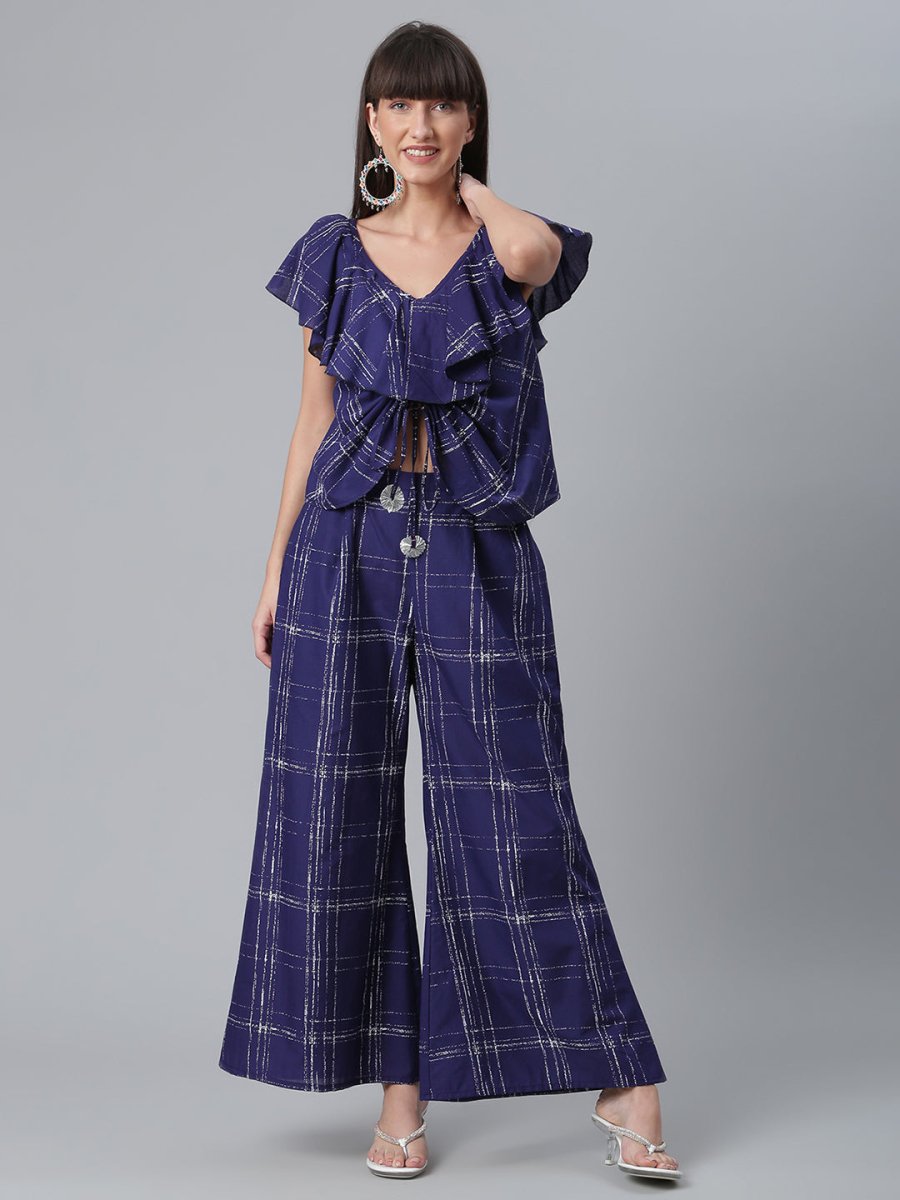 Ahalyaa Navy Blue & Off-White Pure Cotton Checked Top with Palazzo | Swadesiicart